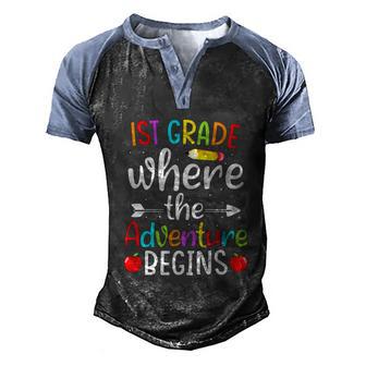 1St Grade Where The Adventure Begins Funny First Teacher Graphic Design Printed Casual Daily Basic Men's Henley Shirt Raglan Sleeve 3D Print T-shirt - Thegiftio UK