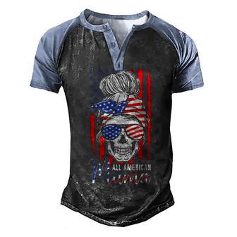 All American Mama Usa Flag Messy Bun Skull Mom 4Th Of July Men's Henley Shirt Raglan Sleeve 3D Print T-shirt - Thegiftio UK