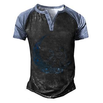 Black Cat Crescent Moon Gift Design Idea For Cat Fans Gift Men's Henley Shirt Raglan Sleeve 3D Print T-shirt - Thegiftio UK