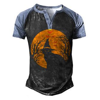 Black Cat Witch Full Moon Vintage Halloween Men's Henley Shirt Raglan Sleeve 3D Print T-shirt - Thegiftio UK