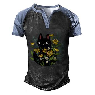 Black Cat With Flowers Men's Henley Shirt Raglan Sleeve 3D Print T-shirt - Thegiftio UK
