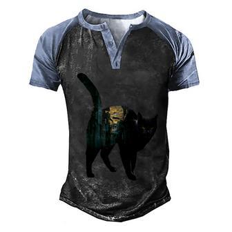 Black City Cat Men's Henley Shirt Raglan Sleeve 3D Print T-shirt - Thegiftio UK