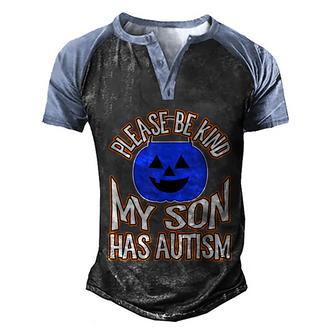 Blue Pumpkin Bucket Halloween Be Kind My Son Has Autism Graphic Design Printed Casual Daily Basic Men's Henley Shirt Raglan Sleeve 3D Print T-shirt - Thegiftio UK