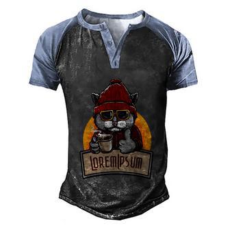 Coffee Cat V3 Men's Henley Shirt Raglan Sleeve 3D Print T-shirt - Thegiftio UK