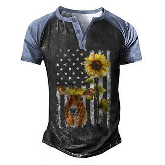 Cow Usa Flag Sunflower Cow V2 Men's Henley Shirt Raglan Sleeve 3D Print T-shirt - Thegiftio UK