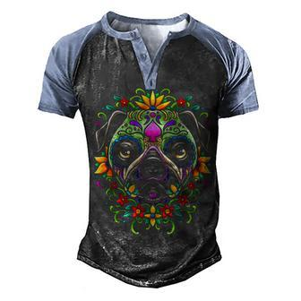 Day Of The Dead Pug Detailed Colorful Dog Illustration Men's Henley Shirt Raglan Sleeve 3D Print T-shirt - Thegiftio UK