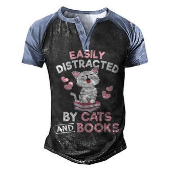 Easily Distracted By Cats And Books Cute Cat Book Lover Men's Henley Shirt Raglan Sleeve 3D Print T-shirt - Thegiftio UK