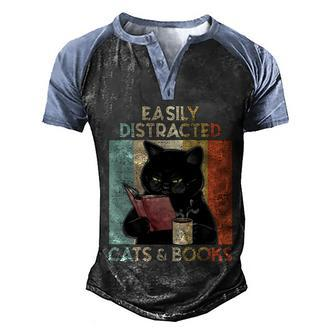 Easily Distracted By Cats And Books For Cat Lovers Men's Henley Shirt Raglan Sleeve 3D Print T-shirt - Monsterry