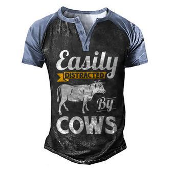 Easily Distracted By Cows Funny Cow Famers Gift Men's Henley Shirt Raglan Sleeve 3D Print T-shirt - Thegiftio UK