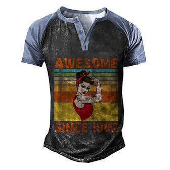 Funny Awesome Since 1982 40Th Birthday Messy Bun Men's Henley Shirt Raglan Sleeve 3D Print T-shirt - Thegiftio UK