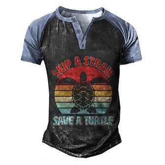 Funny Vintage Skip A Straw Save A Turtle Graphic Design Printed Casual Daily Basic Men's Henley Shirt Raglan Sleeve 3D Print T-shirt - Thegiftio UK