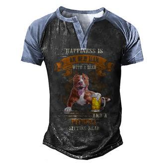 Happiness Is An Old Man With Beer And A Pitbull Sitting Near Men's Henley Shirt Raglan Sleeve 3D Print T-shirt - Thegiftio UK