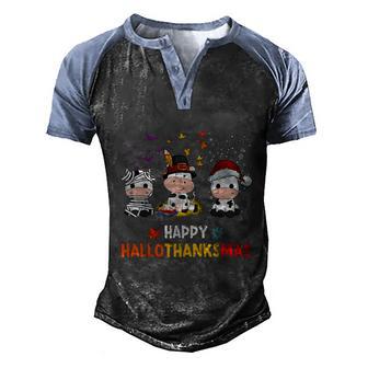 Happy Hallothanksmas Santa Cow Halloween Thanksgiving Graphic Design Printed Casual Daily Basic Men's Henley Shirt Raglan Sleeve 3D Print T-shirt - Thegiftio UK