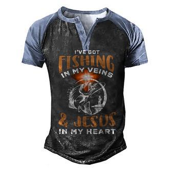 Ive Got Fishing In My Veins & Jesus In My Heart Front Design Men's Henley Shirt Raglan Sleeve 3D Print T-shirt - Thegiftio UK