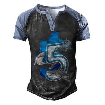 Kids 5Th Birthday Boys Shark 5 Years Old Ocean Shark B Day Men's Henley Shirt Raglan Sleeve 3D Print T-shirt - Thegiftio UK