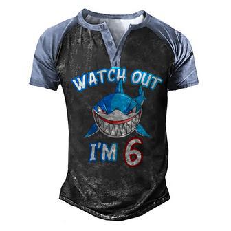 Kids 6 Yrs Old Boy Watch Out Shark 6Th Birthday Men's Henley Shirt Raglan Sleeve 3D Print T-shirt - Thegiftio UK