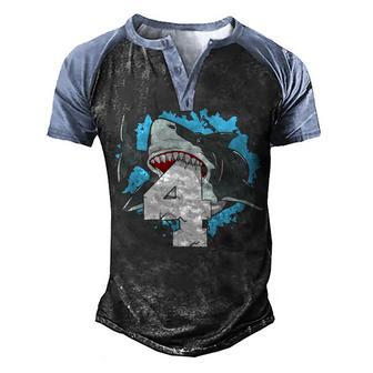 Kids Shark 4Th Birthday Boy 4 Four Shark Theme Party Men's Henley Shirt Raglan Sleeve 3D Print T-shirt - Thegiftio UK