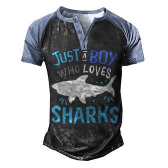 Kids Shark Just A Boy Who Loves Sharks Gift Men's Henley Shirt Raglan Sleeve 3D Print T-shirt - Thegiftio UK