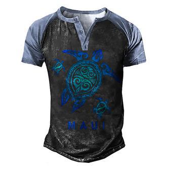 Maui Hawaii Sea Blue Tribal Turtle Men's Henley Shirt Raglan Sleeve 3D Print T-shirt - Thegiftio UK