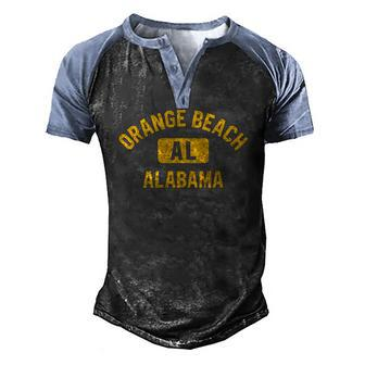 Orange Beach Al Alabama Gym Style Distressed Amber Print Men's Henley Raglan T-Shirt | Mazezy
