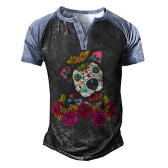 Pitbull Flower Sugar Skull Men's Henley Shirt Raglan Sleeve 3D Print T-shirt - Thegiftio UK