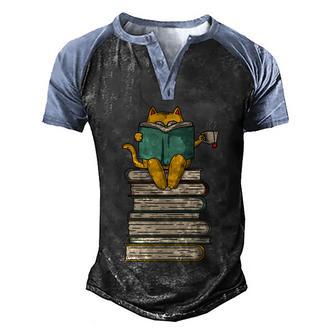 Reading Cat Gift Funny Book And Tea Lover Gift Men's Henley Shirt Raglan Sleeve 3D Print T-shirt - Thegiftio UK
