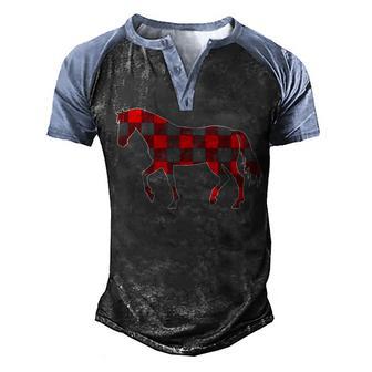 Red Plaid Horse Christmas Pajamas Men's Henley Shirt Raglan Sleeve 3D Print T-shirt - Thegiftio UK