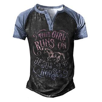 This Girl Runs On Jesus And Horses Horse Riding Equestrian Men's Henley Shirt Raglan Sleeve 3D Print T-shirt - Thegiftio UK