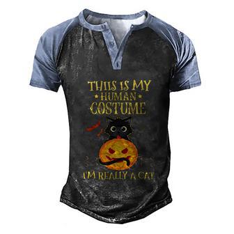 This Is My Human Costume Im Really A Cat Pumpkin Halloween Graphic Design Printed Casual Daily Basic Men's Henley Shirt Raglan Sleeve 3D Print T-shirt - Thegiftio UK