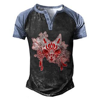Vintage Japanese Fox Kitsune Mask And Flowers Graphic Design Printed Casual Daily Basic Men's Henley Shirt Raglan Sleeve 3D Print T-shirt - Thegiftio UK