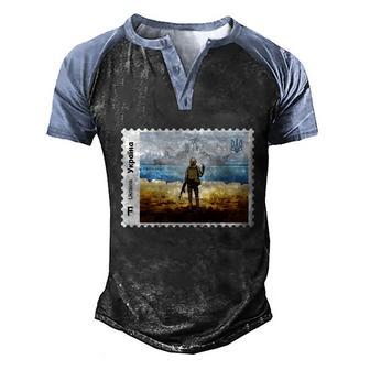 Vintage Ukraine Stamp Russian Warship Go F Yourself Ukrainian Flag Pride Men's Henley Shirt Raglan Sleeve 3D Print T-shirt - Thegiftio UK