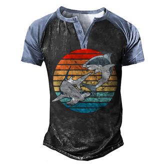 White Shark And Hammerhead Shark Vintage Sunset Men's Henley Shirt Raglan Sleeve 3D Print T-shirt - Thegiftio UK