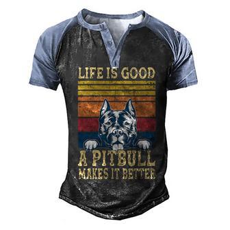 Womens Dog Lover Life Is Good Pitbull Make It Better Vintage Retro V Neck Men's Henley Shirt Raglan Sleeve 3D Print T-shirt - Thegiftio UK
