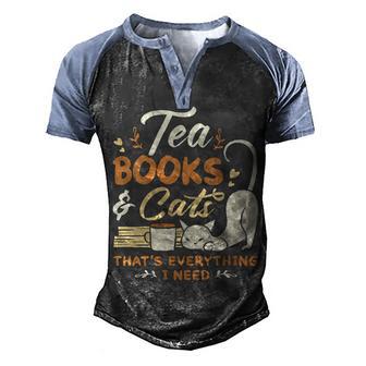 Womens Tea Books And Cats Cat Book Lovers Reading Book V Neck Men's Henley Shirt Raglan Sleeve 3D Print T-shirt - Thegiftio UK