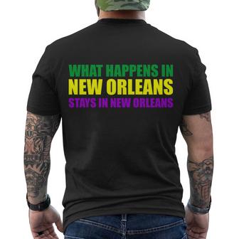 What Happens In New Orleans Stays In New Orleans Mardi Gras T-Shirt Graphic Design Printed Casual Daily Basic Men's Crewneck Short Sleeve Back Print T-shirt