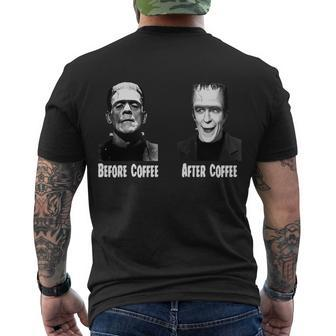 Before Coffee After Coffee Funny Monster Tshirt Men's Crewneck Short Sleeve Back Print T-shirt - Monsterry