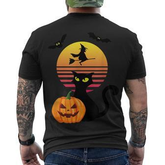 Black Cat Bat Witch And Pumpkin At Sunset On Halloween Men's T-shirt Back Print - Seseable