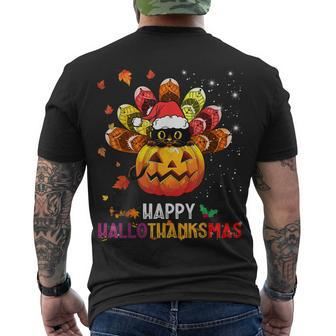 Black Cat Halloween And Merry Christmas Happy Hallothanksmas Men's T-shirt Back Print - Seseable
