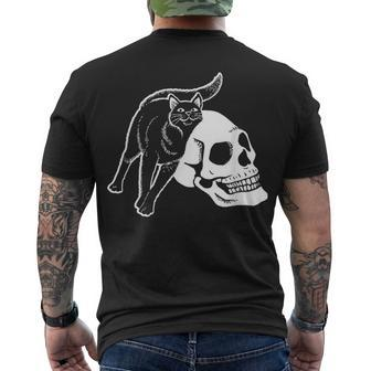 Black Cat And Human Skeleton Skull Punk Goth And Halloween Men's T-shirt Back Print - Seseable