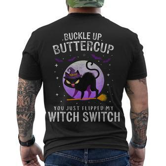 Buckle Up Buttercup Scary Halloween Black Cat Costume Witch Men's T-shirt Back Print - Seseable