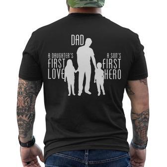 Dad A Sons First Hero Daughters First Love Tshirt Men's Crewneck Short Sleeve Back Print T-shirt - Monsterry