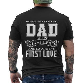 Dad A Sons Hero A Daughters First Love Fathers Day Cool Gift Men's Crewneck Short Sleeve Back Print T-shirt - Monsterry