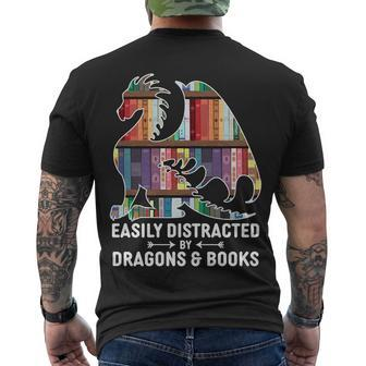 Easily Distracted By Dragons And Books Fantasy Book Lover Men's Crewneck Short Sleeve Back Print T-shirt - Monsterry AU