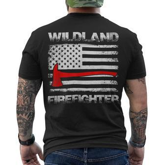 Firefighter Thin Red Line Wildland Firefighter American Flag Axe Fire_ Men's T-shirt Back Print - Seseable