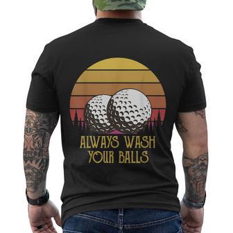 Funny Adult Humor Retro Sunset Golf Always Wash Your Balls Men's Crewneck Short Sleeve Back Print T-shirt - Monsterry