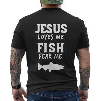 Funny Fishing Jesus Loves Fish Fear Me Christian Men's Crewneck Short Sleeve Back Print T-shirt - Monsterry DE