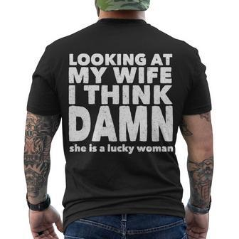 Funny Husband Lucky Wife Tshirt Men's Crewneck Short Sleeve Back Print T-shirt - Monsterry