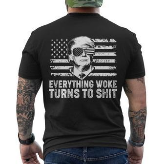 Funny Trump Everything Woke Turns To Shit Distressed Usa American Flag Tshirt Men's Crewneck Short Sleeve Back Print T-shirt - Monsterry UK
