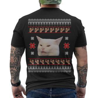 Funny Woman Yelling At Cat Meme Ugly Christmas Tshirt Men's Crewneck Short Sleeve Back Print T-shirt - Monsterry