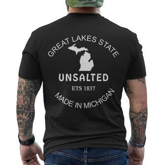Great Lakes State Unsalted Est 1837 Made In Michigan Men's Crewneck Short Sleeve Back Print T-shirt - Monsterry DE